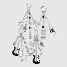 1pc Y2K Retro Cool Silver Headphone, Cassette Tape, Music Note Keychain; 1pc Silver Star Guitar, Microphone Keychain; 1pc Silver Heart Guitar, Pearl Tuba Keychain; 1pc Black & White Piano Key, Guitar, Music Note Pendant Keychain - Multicolor - View 2