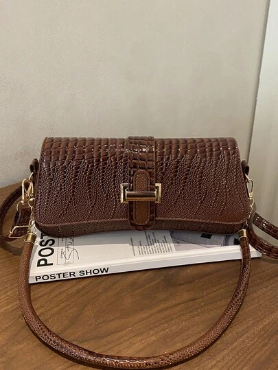 1 pieza Bolso de hombro minimalista casual de piel de imitación de cocodrilo con gancho de metal decorativo, color café, de estilo fashionable y versátil, nuevo lanzamiento de primavera, adecuado para uso diario de mujeres