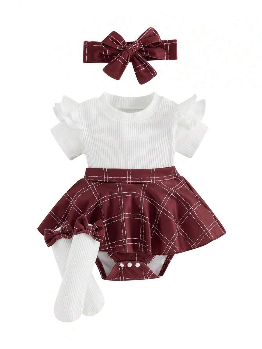 Newborn Baby Girl Summer Clothes Short Sleeves Plaid Skirt Romper Dress Headband Socks Set Fashion Holiday Outfit, Preemie Newborn Baby Girl Clothes - Đỏ - Xem 1