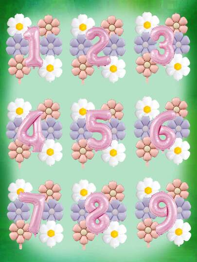 7 件套粉色数字气球套装，白色、浅紫色、浅粉色雏菊铝箔气球，32 英寸 0-9 数字气球，适合生日派对、婴儿派对、雏菊主题派对装饰