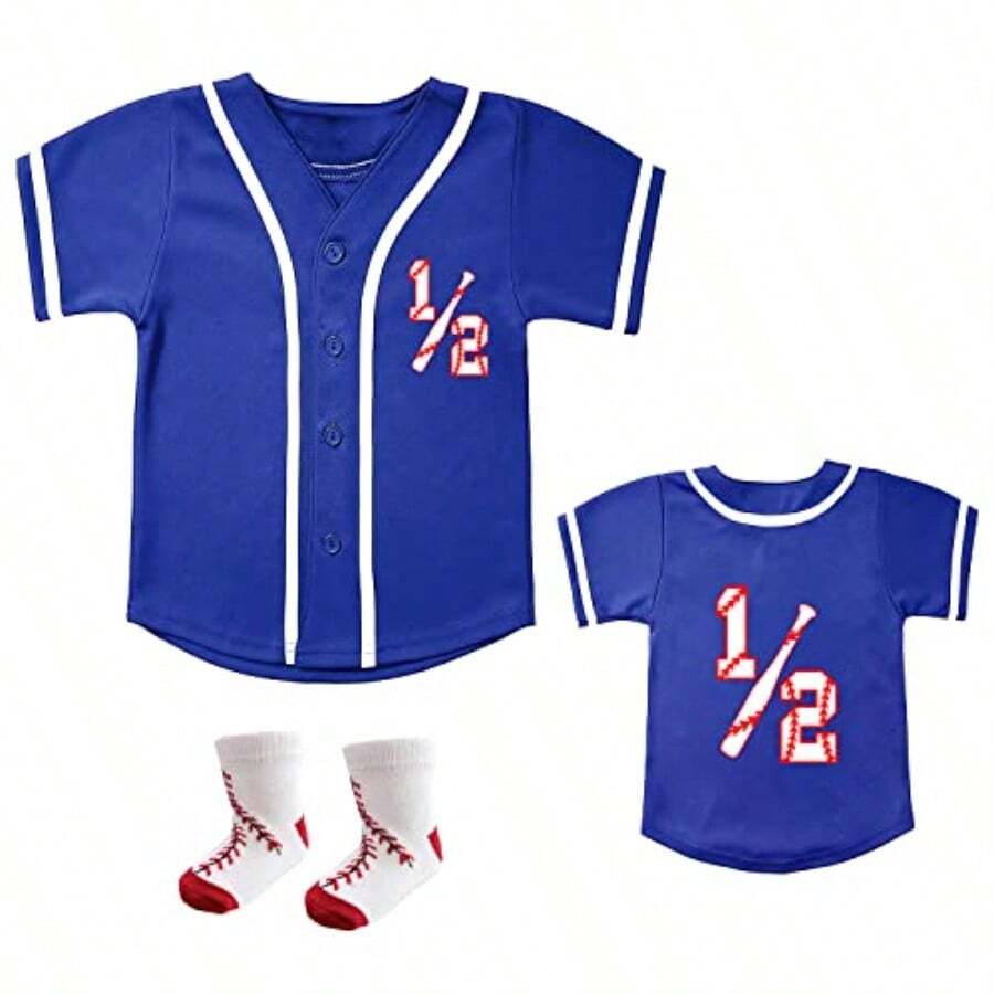 BAICAIYU - Traje de media cumpleaños para bebé playera y calcetines de béisbol 2 piezas traje para niños camisa de softbol ropa deportiva - Azul - Ver 1