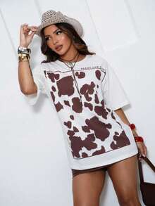 Blusa Feminina Max Oversized Estampa Vaca Animal Print Camiseta Feminina Fashion Casual - Branco - Visão 5