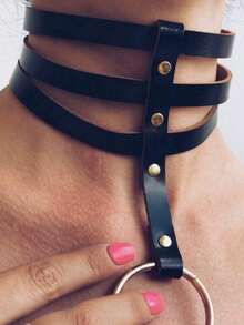 四件套/两件套/一件套朋克哥特风项链，女士内衣配饰，项链，人造革，可调节弹力带项圈 - 黑色 - 查看 12