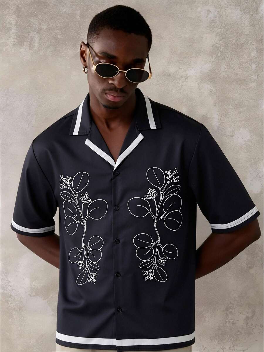 WAIT HIM 男士夏季休闲度假时尚日常通勤植物印花撞色包边短袖衬衫 - 黑色 - 查看 1