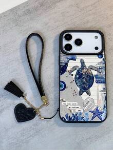 1件装时尚个性化海洋元素海龟拼贴图案防水防震防滑高品质荔枝纹理3D磨砂软手机壳 + 时尚心形仿皮挂绳手链，兼容苹果手机，是送给朋友、家人、情侣、生日、节日的绝佳礼物。 - 彩色 - 查看 2