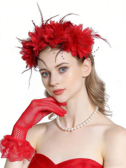 2件套女士羽毛花朵发饰礼帽，适合婚礼、茶会、德比新娘等场合，含手套