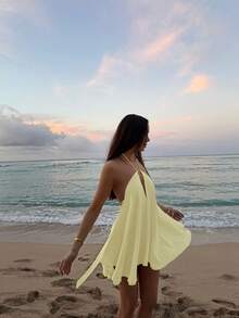 Women's Vacation Beach Sexy Solid Color Backless Halter Mini Dress Elegant Party Summer - Light Yellow - View 4