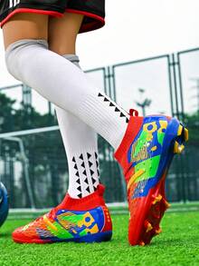 1 par de zapatos de fútbol profesionales para hombres con tacos FG, diseño de calcetín con contraste morado-rosa, adecuados para entrenamiento en césped artificial, para todas las temporadas - versión con tachuelas rojas - Ver 19