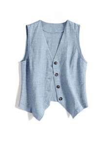 Women's Casual Linen Vest Jacket, Short Style For Spring & Summer Holiday - Dusty Blue - View 3