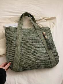 Esta bolsa de paja simple pero elegante es versátil y presenta un diseño de unicolor, lo que la convierte en ideal para los desplazamientos diarios. Combinando estética y practicidad, su diseño inspirado en la playa la convierte en el compañero perfecto para viajar, trabajar y hacer compras. - Verde - Ver 5
