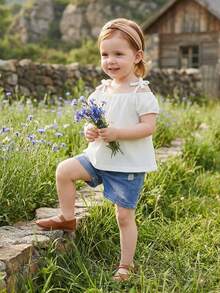 Shorts Set, Short Sleeve T-Shirt With Ripped Denim Shorts Summer Outfit - 白色 - 查看 3
