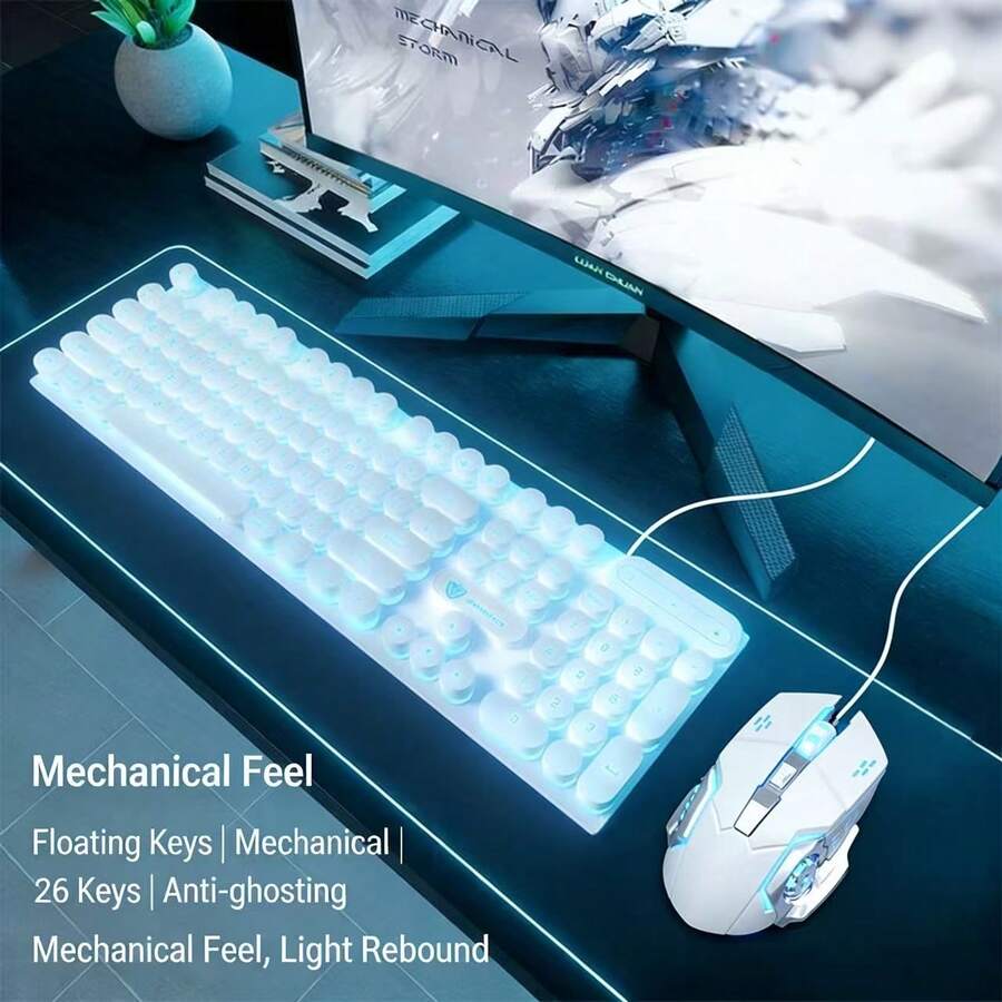 Gaming Keyboard And Mouse Set, Retro Punk Round Keycaps, RGB Backlit, Mechanical Feel, Anti-Ghosting, Wired, For PC Laptop Gamer