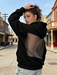Womens Hooded Sweatshirt Long Sleeve Solid Color Casual Tops With Sparkling Mesh Panel - Black - View 2