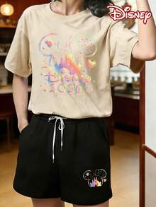 Disney Official Authorization | Women's 2PCS Casual Short-Sleeve T-Shirt & Shorts Set. Featuring A Mickey Mouse Head Silhouette, Combined With 2026 Rainbow Castle, Fireworks And Balloon Elements. The Fabric Is Soft And Breathable, Making It Perfect For Vacations, Outings And Daily Casual Wear. - Apricot - View 1