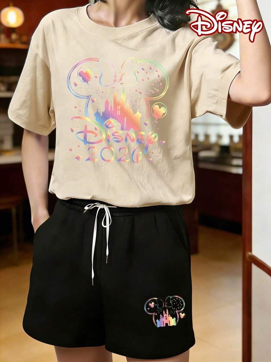 Disney Official Authorization | Women's 2PCS Casual Short-Sleeve T-Shirt & Shorts Set. Featuring A Mickey Mouse Head Silhouette, Combined With 2026 Rainbow Castle, Fireworks And Balloon Elements. The Fabric Is Soft And Breathable, Making It Perfect For Vacations, Outings And Daily Casual Wear. - Apricot - View 1