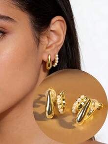 1对时尚新款一体式仿珍珠水滴螺旋夹式耳环，优雅设计，适合女性日常佩戴，节日礼物 - 耳夾 - 查看 10