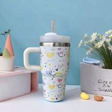 600ml Thermal Mug With Handle, Lid And Straw – Flower Print 1866-600ml - Branco 1 - 查看 6