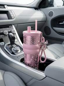 Bình giữ nhiệt Queen Pink họa tiết da rắn | Lớp lót gốm an toàn cho sức khỏe, thiết kế 2 trong 1 có vòi uống và ống hút, nơ xinh xắn và dây đeo cổ tay, phù hợp với giá đỡ cốc trên ô tô, hộp quà cao cấp dành cho phụ nữ và bé gái - Bình nước giữ nhiệt bằng gốm - Xem 10