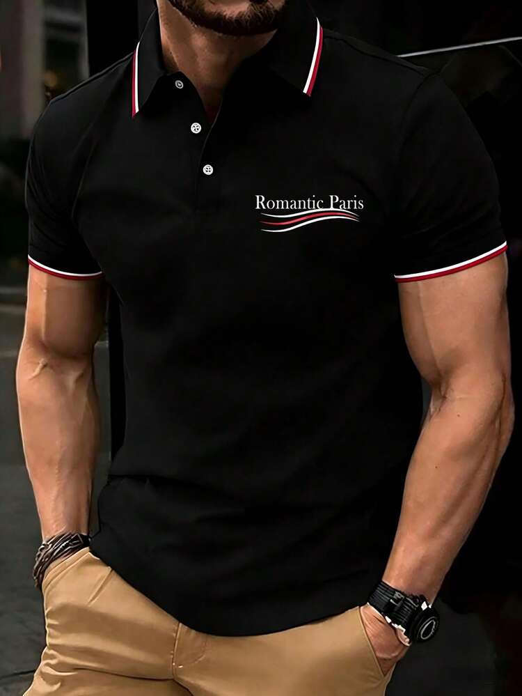 Men's High-End Business Casual Polo Shirt, Featuring A Jacquard Ribbed Collar Design And Stylish Brand Print Pattern, Suitable For Business, Casual Wear, Baseball, And Everyday Home Wear. - Black - View 9