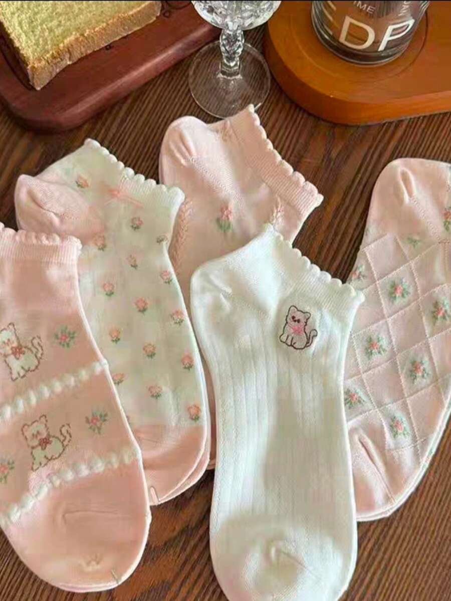 5 Pairs Random Cute Cat Design Socks For Women, Lace Trim, Girly, Japanese Style, Versatile, College Vibe, Pink Ankle Socks, Spring/Summer - Multicolor - View 1