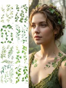 3pcs Set Of Large, Fresh-Looking Green Leaf And Vine Plant Temporary Tattoos For Women, Long-Lasting Arm Tattoos, Body Stickers For Face, Arm, Chest, Waist, Abdomen, Legs, Fake Tattoos - Green - View 3