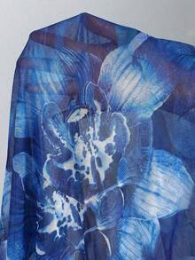 3pcs Women's Floral Print Elegant Sexy Backless 3D Flower Beach Dress Bikini Set, Spring/Summer Vacation - 藍色 - 查看 5