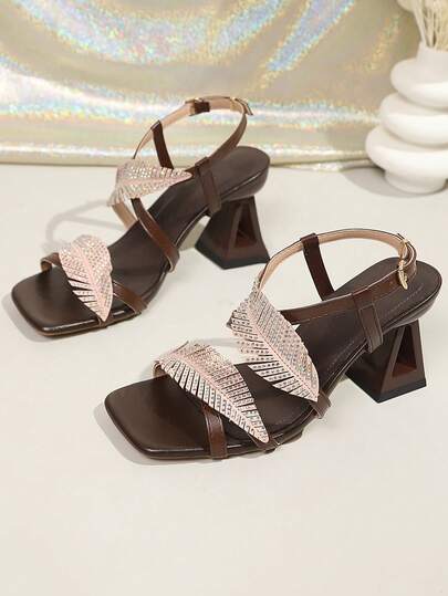 New Arrival Plus Size Women's High Heel Sandals, Leaf Pattern, Elegant Party & Vacation, Vintage Basic Casual Nightclub Sexy PU Leather Leaf Decor Thick Heel Open Toe Sandals, Fashionable For Spring, Summer, Autumn
