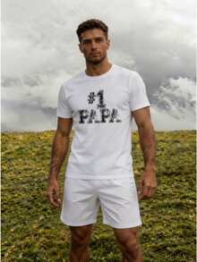 Conjunto masculino casual de dos piezas estilo minimalista con estampado #1 Papa en algodón ajuste holgado cuello redondo manga corta primavera verano uso familiar y diario set - Blanco 1 - Ver 2