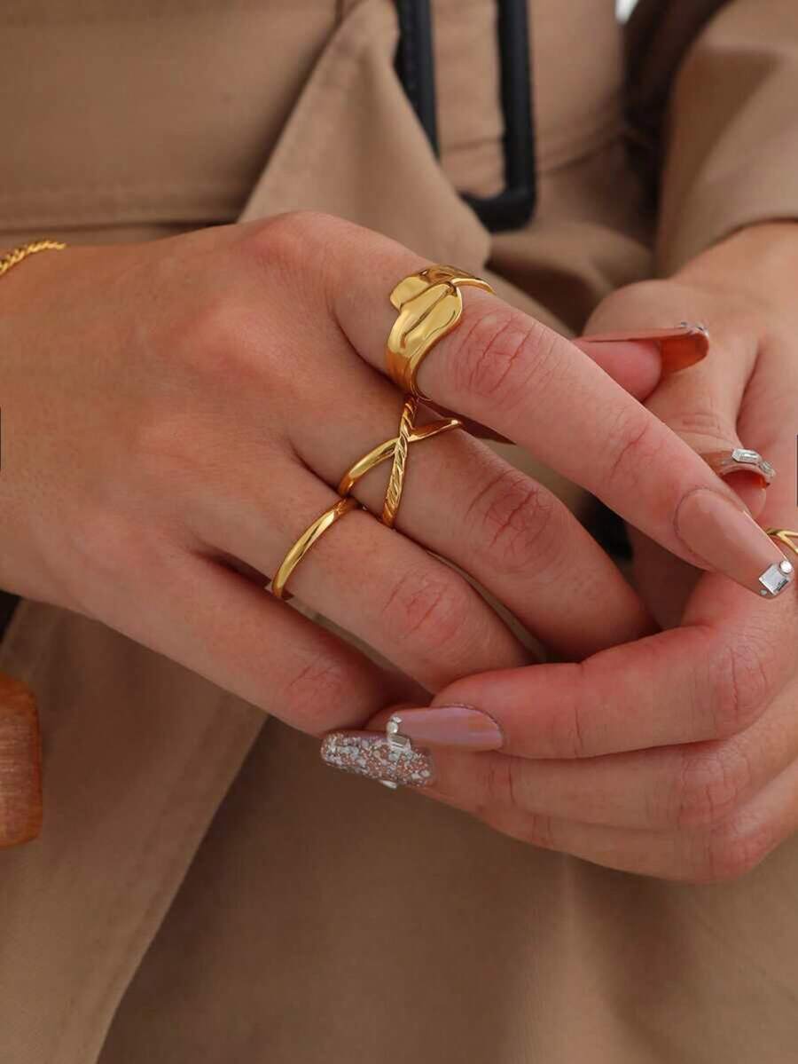 Set de 3 anillos geométricos asimétricos de acero inoxidable chapado en oro de 18K, de estilo minimalista y elegante, adecuados para uso diario, festivales, citas, cenas, como joyería de alta gama y regalo - Multicolor - Ver 1