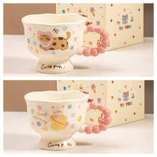Süße Bär & Katze Design Keramik Tasse mit Löffel, Paar Kaffeetasse, Geburtstagsgeschenk für sie, Büro Kaffeetasse, Punkte Keramik Kaffeetasse - Süß minimalistisch hochästhetische Tasse mit sanften Kurven & glänzender Oberfläche, mit mehrfarbigen Punkten (Pink, Gelb, Braun) - langanhaltend wärmeisolierendes Design für Zuhause, Büro oder als Geschenk - Ideal für Kaffee, Tee - Verschiedenfarbig - Übersicht 12