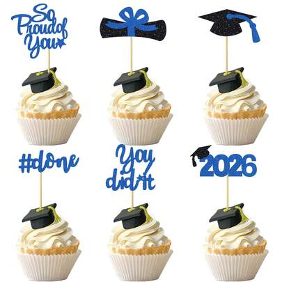 12/24pcs Glitter 2026 Graduation Cupcake Toppers Glitter So Proud Of You Done Diploma Grad Cap Cupcake Picks You Did It Cake Decorations For 2026 Graduation Theme Party Decorations Supplies