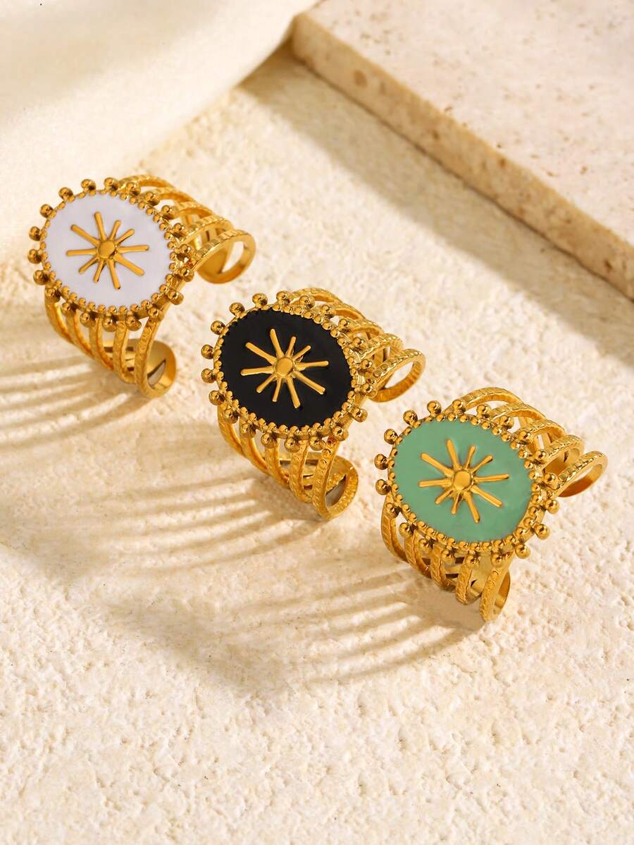 1pc 18K Gold Plated Stainless Steel Elegant Vintage Luxurious Geometric Enamel Flower Pattern Ring, Suitable For Women's Daily, Festival, Date, Vacation Wear, Luxury Retro Jewelry Gift - Multicolor - View 1