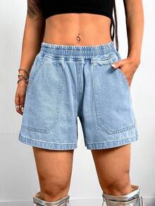 Quần short denim dáng rộng, cạp chun, phong cách Y2K dành cho bé gái. - Màu xanh lam - Xem 4