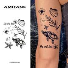 AMIFANS 夏日天空与海洋生物临时纹身贴纸，半永久海龟纹身贴纸，可持续1-2周，持久耐用，果汁纹身贴纸，逼真纹身贴纸，浪漫纹身贴纸，仿真纹身贴纸，防水，外观逼真，独家设计，水果纹身贴纸，植物纹身贴纸 - 黑色 - 查看 9