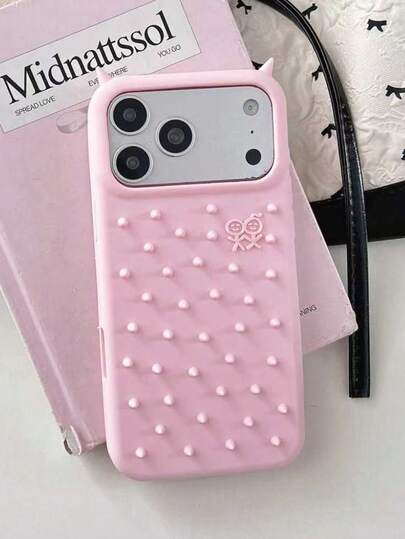 1个甜美少女粉色小恶魔角3D点阵硅胶手机壳，适用于 17/16/15 Pro Max，大窗口卡通人物设计，14 Pro Max/13 Pro/12，韩系可爱小众，抗压触感防摔全包手机保护壳