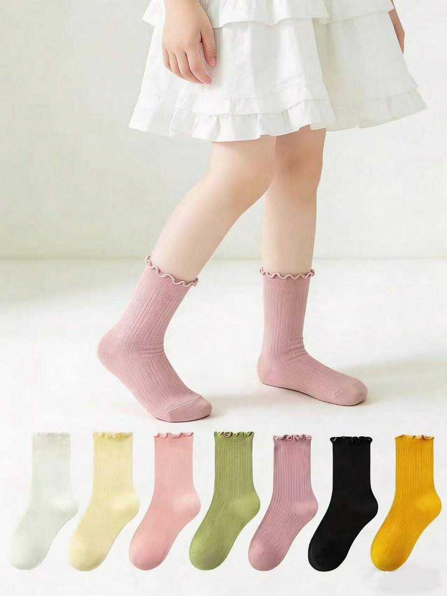 10/7/3 Pairs Kids Solid Color Mid-Calf Socks, Japanese School Style Socks, Vibrant Colors, Ruffle Trim Design, Casual & Fashionable, Soft & Comfortable, Suitable For Daily Wear In Spring, Summer, Autumn And Winter, Fits Children Aged 2-12, Exquisite Gift, New Year Socks - Multicolor - View 1
