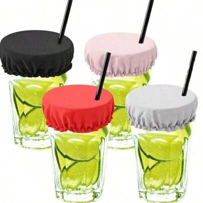 1/4pcs Reusable Polyester Drink Covers, With Hole Expandable Cocktail Cup Rim Protector, For Party Beverages, No Power Required