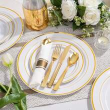350-Piece Gold Disposable Plates And Cutlery Set - Premium 10.25" Dinner Plates 7.5" Dessert Plates 9oz Cups And Cutlery For Weddings Catering Events - 50 Guest Service - Elegant And Sturdy - 金子 - 查看 7