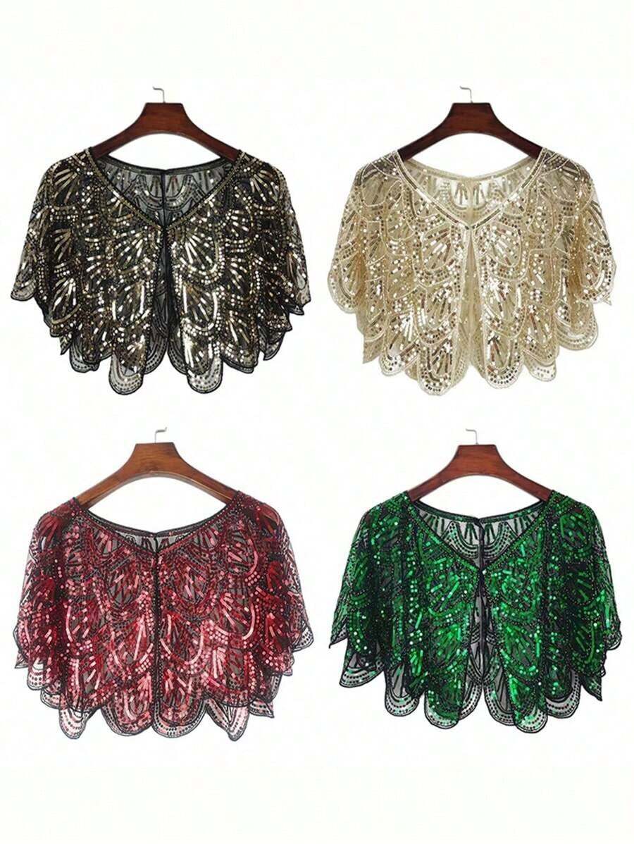 New Sequin Shawl, Vintage Style Elegant Short Cape Women Parties With Breathable & Shiny Lightweight Fabric Accessories Women Valentine Day Valentines - Green - View 1