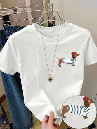 2026 New Spring/Summer Cute Cartoon Striped Dachshund Print Short Sleeve Round Neck T-Shirt, Fashionable Funny Streetwear, Vacation Top, Suitable For Daily Outdoor Wear