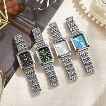 Elegant Sparkling Women's Minimalist Quartz Watch Set, Stylish Daily Wear Wristwatch Ideal Fashion Gift For Ladies(Golden) - 銀色4件套 - 查看 12