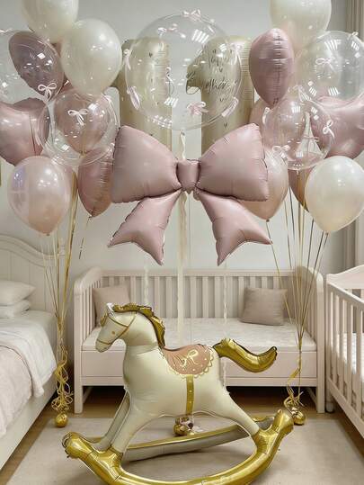 Wooden Horse Standing Balloon Set, Wooden Horse, Bow, Number Foil Balloons, Pink Heart Balloons, Clear Bubble Balloons, Pink Latex Balloons, Gold Ribbons, Suitable For Birthday Party, Room Decoration, Baby Shower, Wedding Season Decoration, Party Decoration Balloons