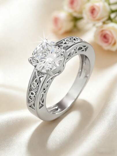 1 chiếc nhẫn tròn đính đá Cubic Zirconia kiểu dáng cổ điển tối giản, trang sức hoàn hảo cho phụ nữ trong đám cưới, lễ đính hôn, ngày Valentine, tiệc tùng và đeo hàng ngày.