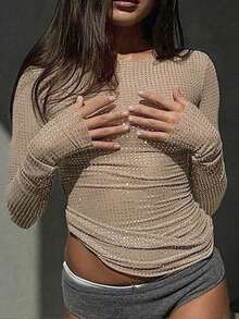 Y2K闪亮串珠圆领长袖修身网眼T恤上衣休闲春季款 - 棕色 - 查看 3