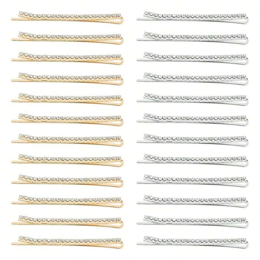 12 st silverfärgade hårspännen med strass, glänsande geometriska mönster, rostfritt stål