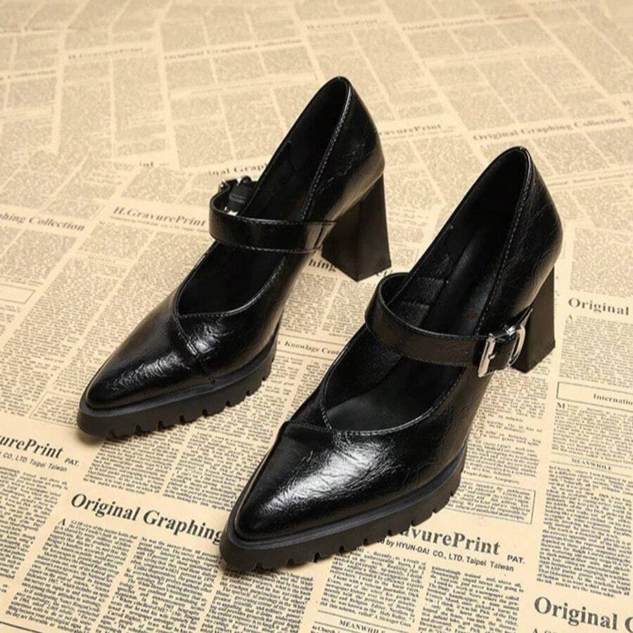 2026 春季优雅银色玛丽珍鞋，尖头搭扣带舒适高跟鞋 - 黑色 - 查看 1