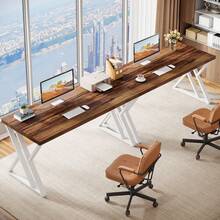 LITTLE TREE 140cm Z‑Shaped Computer Desk Heavy Duty Study Writing Table Modern Simple Home Office Desk - Rust Brown - View 4