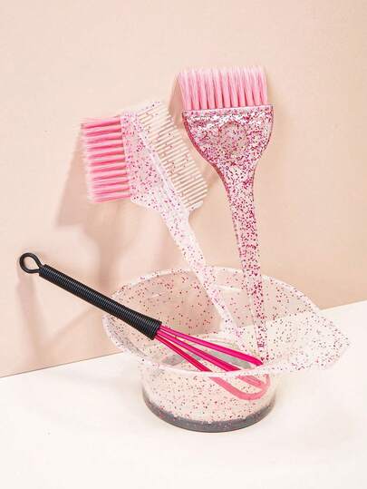 四件套染发工具套装 - 专业染发及挑染套装，包含亮泽梳、染发刷、仿珍珠手柄染发刷、调色棒、染发碗和挑染碗。本套装涵盖染发碗、染发刷、各种美发工具、产品及配件。