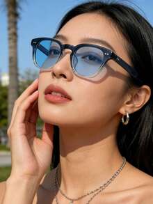 一副男女通用椭圆形塑料镜框眼镜，经典波西米亚风格，适合派对、运动、郊游、度假、旅行、海滩、驾驶、街头、假期、钓鱼、户外活动、街头服饰等场合。 - 藍色 - 查看 5