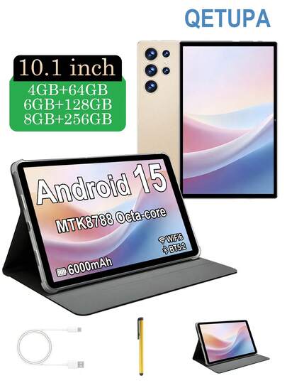 Qetupa Tablette Android 15 de 10,1 pouces avec étui de protection et stylet, RAM 4 Go/6 Go/8 Go + ROM 64 Go/128 Go/256 Go (extensible jusqu'à 1 To), processeur octa-core MTK8788 2,0 GHz, écran tactile IPS HD 1280x800, caméra frontale 5 MP et caméra arrière 8 MP, batterie 6000 mAh, Wi-Fi 6, Bluetooth 5.2, GPS, port de charge USB-C, non compatible carte SIM - ultra fine et portable, idéale pour les affaires, l'apprentissage, le bureau mobile et le divertissement, cadeau pour enfants ou adultes, cadeau parfait pour Noël, la Saint-Valentin, l'anniversaire et plus encore